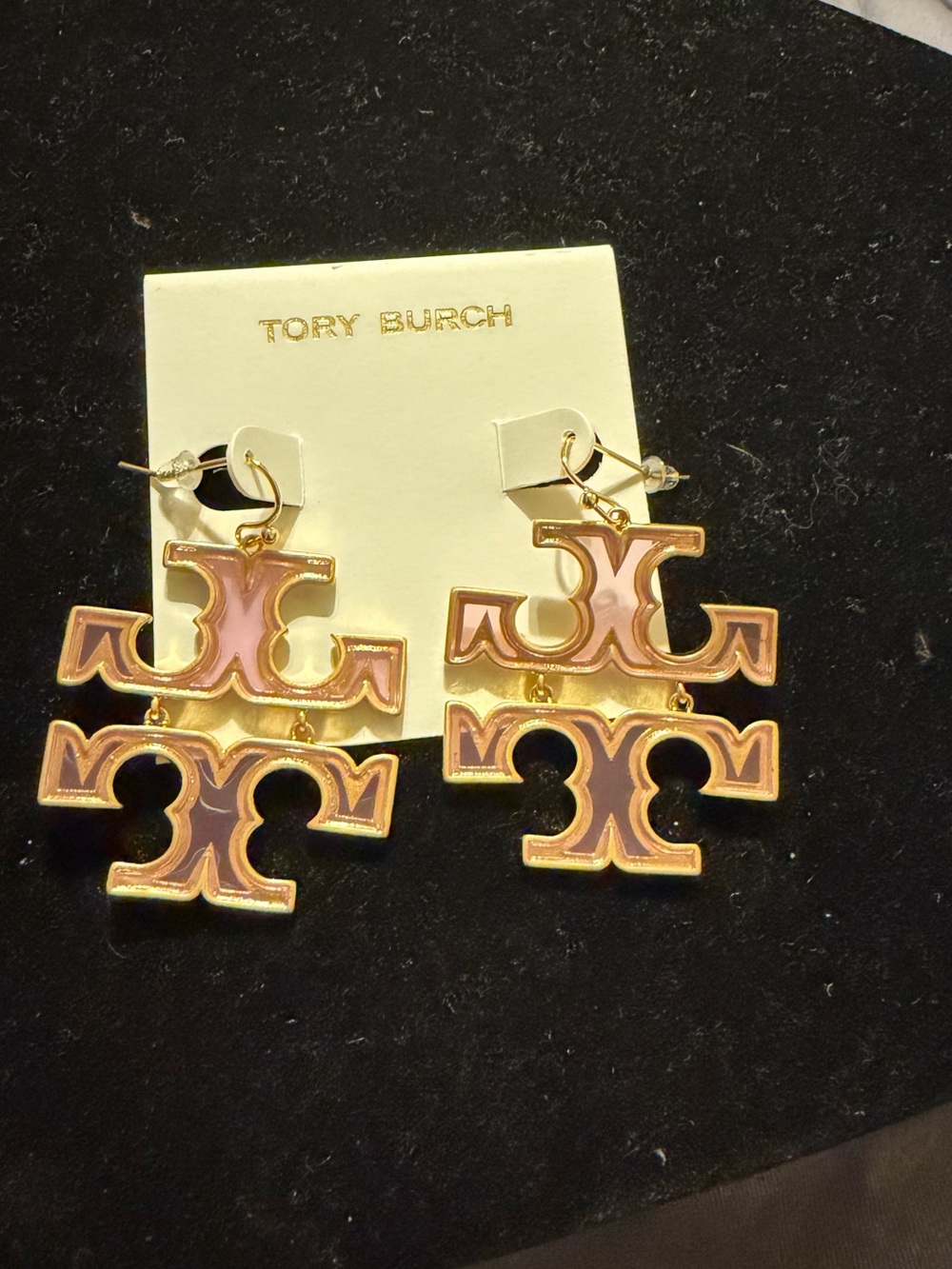 Tory Burch Pink and Gold Double-Logo Drop Earrings